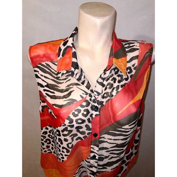 CHICO'S Top Size XL (3) Red Sheer Animal Print Button Shirt w/Strap Tie Hem - Picture 2 of 6